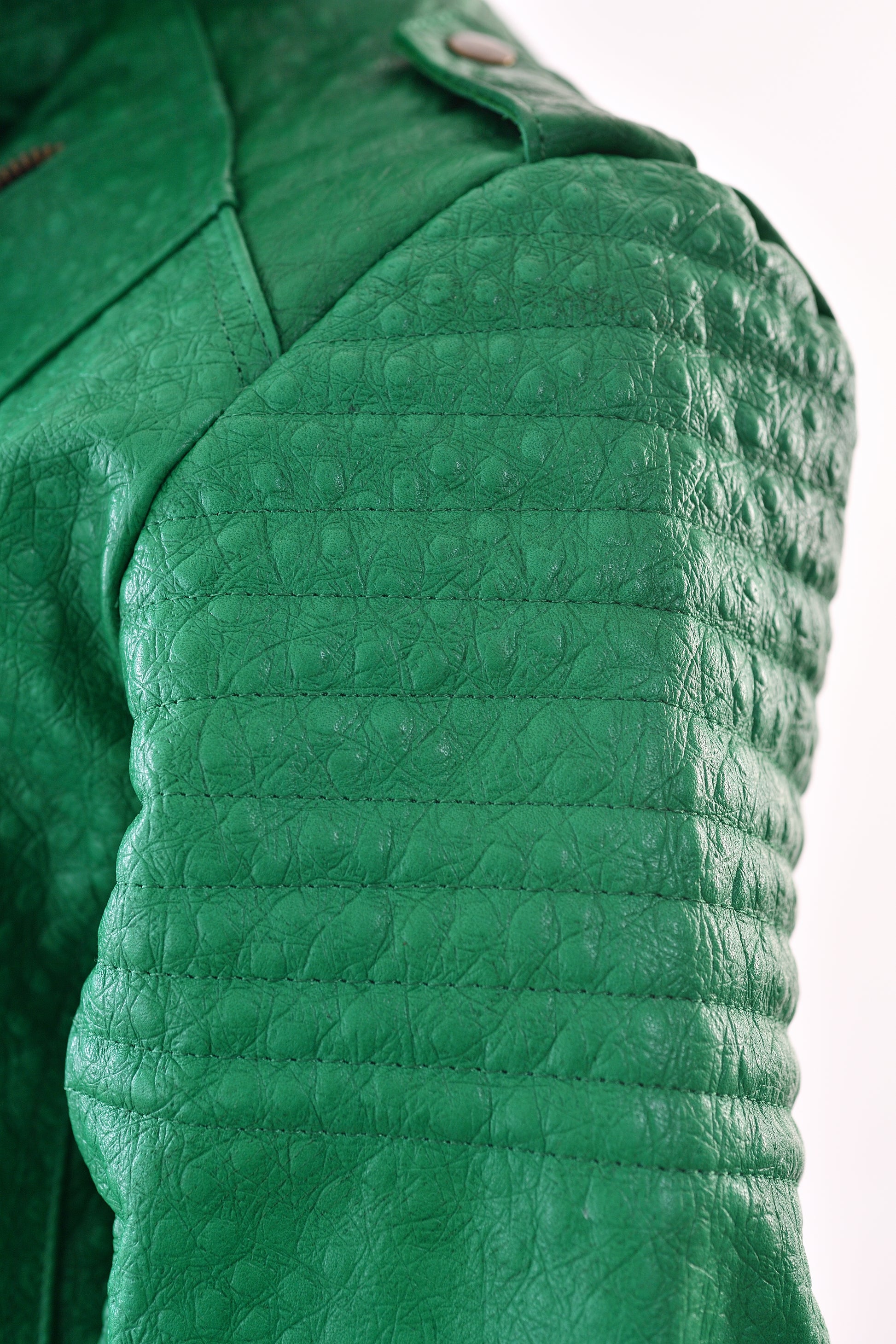 womens Green Ostrich-Embossed Leather Biker Jacket texas